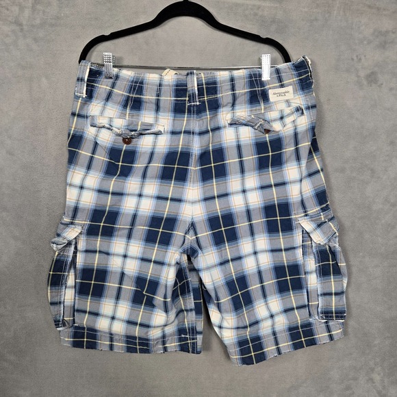 Abercrombie & Fitch‎ Cargo Shorts Mens 34 Blue Plaid Drawstring Y2K heavy twill - Picture 7 of 10